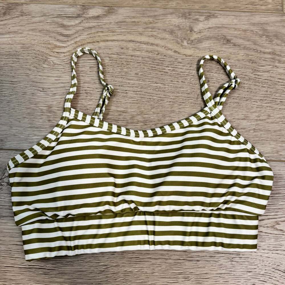 Lime Ricki Olive Green and White Striped Scoop Neck Bikini Top